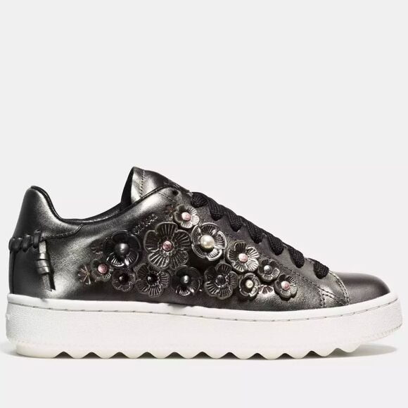 Coach Tea Rose Floral Embellished Metallic Leather Sneakers womens shoe size 9 B - Picture 2 of 13